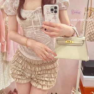 Japanese Kawaii Lolita Pastel Tan Bronze Silky Tiered Layered Summer Shorts